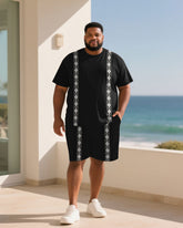 Big & Tall Men Black Geometric Symmetrical Pattern Printed Round Neck Short Sleeve T-Shirt Shorts Suit