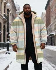 Big & Tall Men's Green Stripe Printed Velvet Thickened Long Hooded Coat