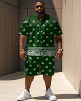 Big Men's Casual Vacation Vintage Green Paisley Print Shirt Shorts Set