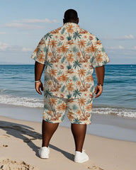 Men's Plus Size Hawaiian Hand Painted Orange Coconut Tree Coconut Print Shirt Shorts Suit