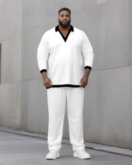 Big & Tall Men's Solid Color POLO V-Neck Long Sleeve Pants Two-Piece Set
