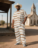 Big and Tall Men's Simple Stripes Printed Western Short-Sleeve Shirt Pants Sets