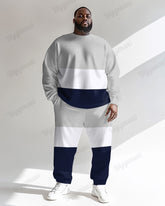 Men's Blue And Grey Colorblock Printed Plus Size Round Neck Sweatshirt Suit