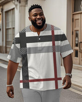 Men's Plus Size Casual Daily Grey Classic Plaid Print Henry Collar Button Short Sleeve T-Shirt