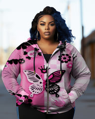 Women's Plus Size Color Block Butterfly Long Sleeve Zip Up Hoodie