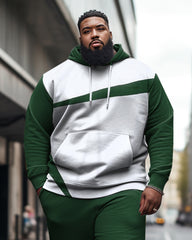 Big Men's Casual Sports Long Sleeve Color Block Green Hoodie Two Piece Set