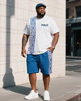 Men's Plus Size White With Blue Creative Stripe Polo English Print T-Shirt Shorts Suit