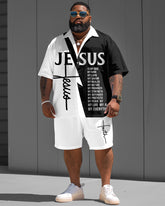Men's Plus Size Jesus Letter Print Short Sleeve Shirt Shorts Set