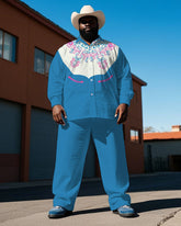 Big Men's Western Style Cowboy Fashion Embroidery Printed Long Sleeve Shirt Pants Set