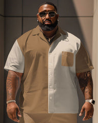 Big Men's Simple Casual Color-block Printed Pocket Shirt Shorts Set