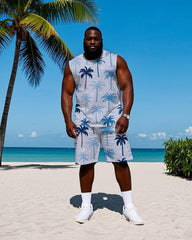 Big Men's Coconut Tree Silhouette Printed Hawaiian Vest and Shorts Set
