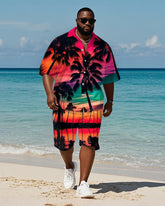 Men's Plus Size Hawaiian Rose Red Gradient Coconut Tree Print Shirt Shorts Suit