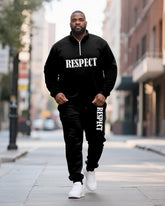 Big & Tall Men's RESPECT Solid Color Printed POLO Collar Zipper Long Sleeve Pants Two-Piece Set
