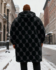Big & Tall Men's Black Letter B Printed Velvet Thickened Long Hooded Coat