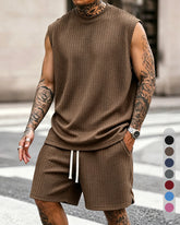 S-8XL Men's Solid-Color Ribbed Sleeveless Vest and Shorts Two-Piece Set