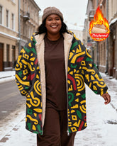 Women's Yellow-green Geometric Print Velvet Padded Long Hooded Coat