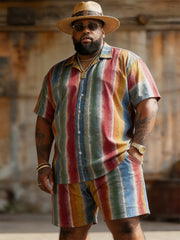 Big & Tall Men's Colorful Vertical Stripe Printed Short Sleeve Shirt Shorts Set