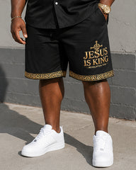 Big & Tall Men's JESUS IS KING Letter And Cross Print Short-Sleeve Shirt And Shorts Set