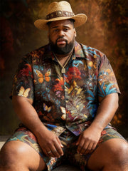Big & Tall Men's Jungle Floral Butterfly Print Short Sleeve Shirt Shorts Set