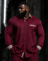 Big & Tall Men's Wine Red Contrast Printed Long Sleeve Shirt Pants Set