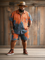 Big & Tall Men's Color Contrast City Architecture Printed Short Sleeve Shirt Shorts Set