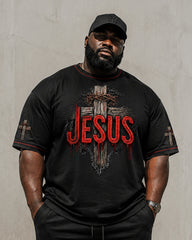 Big & Tall Men’s Thorned Cross JESUS Letter Print Crew-Neck Short-Sleeve T-Shirt And Shorts Set