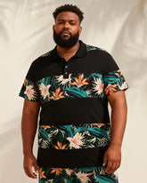 Big & Tall Men's Black Tropical Floral Patchwork Printed Short Sleeve Polo Shirt