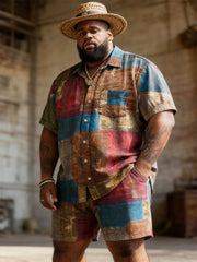 Big & Tall Men's Colorblock Patch Printed Short Sleeve Shirt Shorts Set