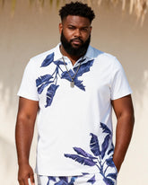 Big & Tall Men's White Blues Palm Leaf Print Short Sleeve Polo Shirt