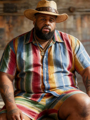 Big & Tall Men's Colorful Vertical Stripe Printed Short Sleeve Shirt Shorts Set