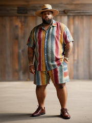 Big & Tall Men's Colorful Vertical Stripe Printed Short Sleeve Shirt Shorts Set