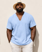 S-3XL Men's Linen Casual Deep V-neck Solid Color T-shirt