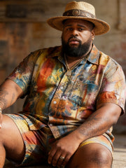 Big & Tall Men's Artistic Splatter Plant Print Short-Sleeve Shirt And Shorts Set