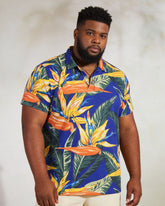 Big & Tall Men's Blue Bird Of Paradise Floral Print Short Sleeve Polo Shirt