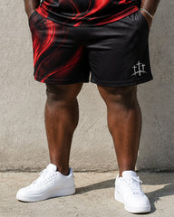 Big & Tall Men's Black And Red Gradient Fluid Pattern Cross Printed POLO Short Sleeve Shorts Set