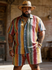 Big & Tall Men's Colorful Vertical Stripe Printed Short Sleeve Shirt Shorts Set