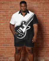 Big & Tall Men's Music Black & White Guitar Print Short Sleeve Shirt Shorts Set