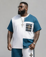 Big & Tall Men's Blue And White Contrast Stitching Cross Printed T-Shirt Pants Set