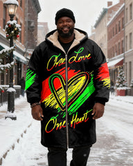 Big & Tall Men's Green, Yellow And Red "One Love" Love Theme Contrast Printed Velvet Thickened Long Hooded Coat