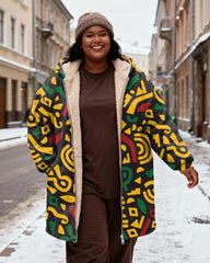 Women's Yellow-green Geometric Print Velvet Padded Long Hooded Coat