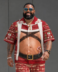 Big & Tall Men's Funny Santa Belly Christmas Short Sleeve Shirt Shorts Set
