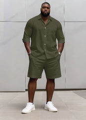 Big & Tall Men's Business Solid Color Long Sleeve Shirt Shorts Set