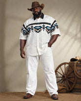 Big & Tall Men's White Base Color Navajo Tribe Geometric Print Short Sleeve Shirt Pants Set