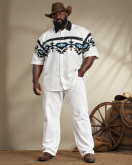 Big & Tall Men's White Base Color Navajo Tribe Geometric Print Short Sleeve Shirt Pants Set