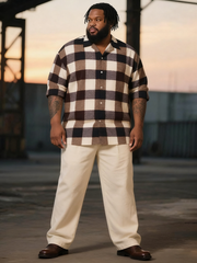 Big & Tall Men's Business Brown Plaid Print Long Sleeve Shirt Trousers Suit