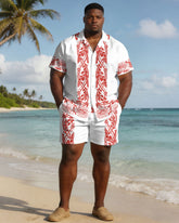 Men's Plus Size White Symmetrical Print Short Sleeve Shirt Shorts Set
