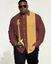 Brick Red, Yellow Patchwork Music Carnival Large Size Men's Long Sleeve Lapel Shirt