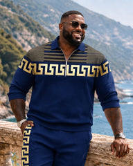 Big & Tall Men's Navy Blue Gold Greek Key Pattern Half Zip Sweatshirt Set