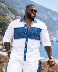 Big & Tall Men's Playful Denim-style Patchwork Print Long Sleeve Shirt Pants Set
