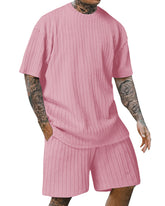 S-3XL Men's Sports Solid Color Round Neck Vertical Print T-Shirt Shorts